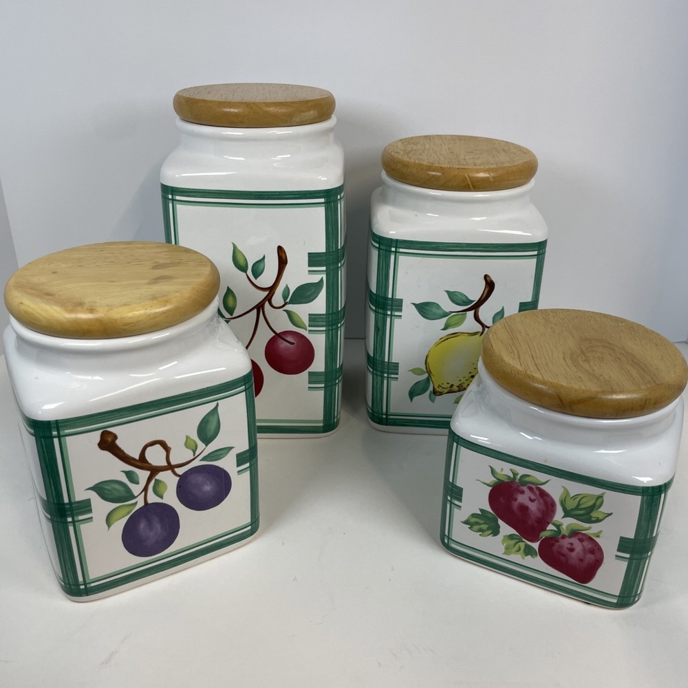 LILLIAN VERNON Fruit Canister Set 4 With Lids Grapes Cherries Lemon Strawberry